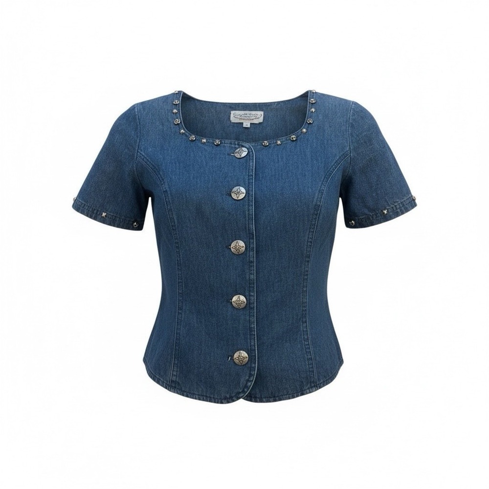 Vintage Stanebridge Y2K Studded Denim Button Women's Top Petite M Short Sleeve
